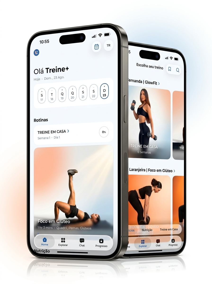 Aplicativo Treine+ em dois iPhones: home e escolha de treino